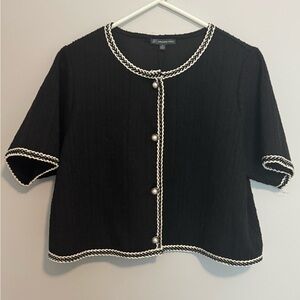 Adrianna Papell Women’s Black Short Sleeve Sweater Cardigan Sz M Old Money Pearl